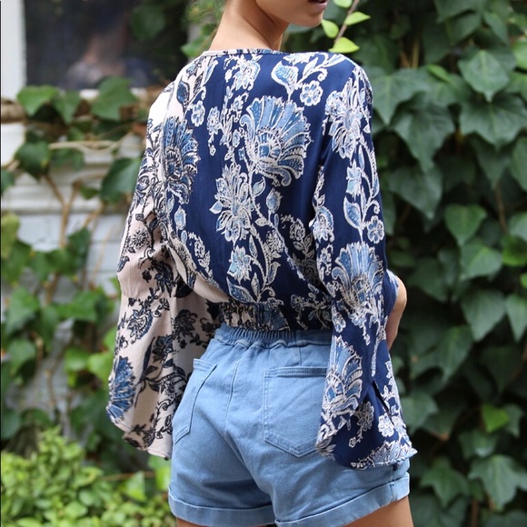 SURPLICE FRONT PARTIAL BELL SLEEVE TOP - Picture 2 of 5